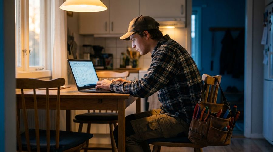 Apprentice studying wiring diagrams on a laptop at home